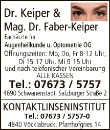Print-Anzeige von: Dr. Keiper u. Mag. Dr Faber-Keiper, Fachärzte für Augenheilkunde u. Optometrie OG