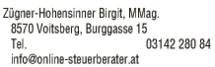 Print-Anzeige von: Zügner-Hohensinner, Birgit, MMag.
