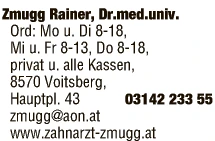 Print-Anzeige von: Zmugg, Rainer, Dr., FA f Zahn-, Mund-u Kieferheilkunde