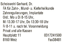 Print-Anzeige von: Schoiswohl, Gerhard, Dr., FA f Zahn-, Mund- u Kieferheilkunde