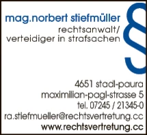 Print-Anzeige von: Stiefmüller, Norbert, Mag., Rechtsanwalt