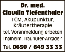 Print-Anzeige von: Tiefenthaler, Claudia, Dr., Allgemeinmedizin