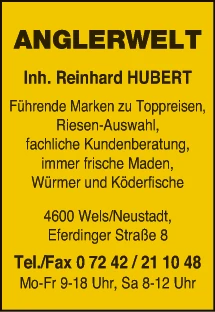 Print-Anzeige von: Hubert, Reinhard, Anglerwelt, Fischereizubehör