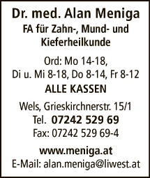 Print-Anzeige von: Meniga, A., Dr., FA f. Zahn-, Mund- und Kieferheilkunde