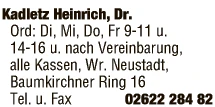 Print-Anzeige von: Kadletz, Heinrich, Dr.med., Zahnarzt