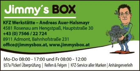 Print-Anzeige von: Haslmayr, Andreas, Jimmys Box, KFZ Werkstätte