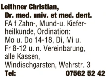 Print-Anzeige von: Leithner, Christian, Dr.med., FA f Zahn-, Mund- u Kieferheilkunde