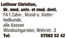 Print-Anzeige von: Leithner, Christian, Dr.med., FA f Zahn-, Mund- u Kieferheilkunde