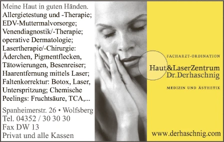 Print-Anzeige von: Derhaschnig, Johann, Dr.med., FA f. Haut- u. Geschlechtskrankheiten Print-Anzeige von: Derhaschnig, Johann, Dr.med., FA f. Haut- u. Geschlechtskrankheiten