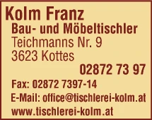 Print-Anzeige von: Kolm, Franz, Tischlermeister