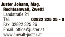 Print-Anzeige von: Juster, Johann, Mag., Rechtsanwalt