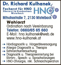Print-Anzeige von: Kulhanek, Richard, Dr., Facharzt für HNO