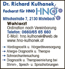 Print-Anzeige von: Kulhanek, Richard, Dr., Facharzt für HNO