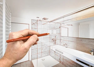 Konzeptzeichnung eines Badezimmers, kombiniert mit einer realen Ansicht des Designs.