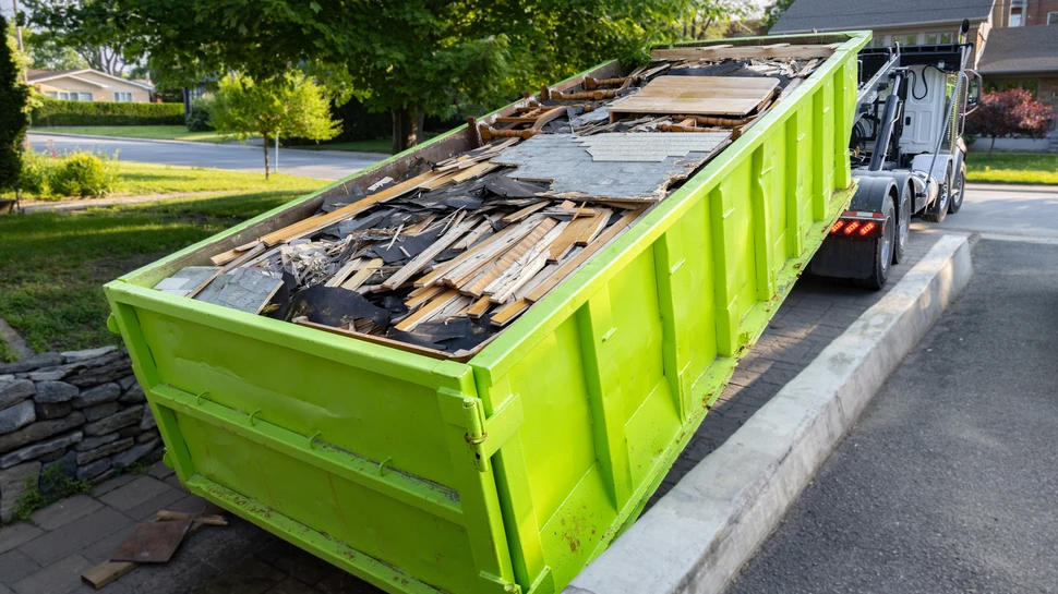 Ein grüner Container wird von einem LKW verladen, gefüllt mit Baumaterialien und Abfällen. Effiziente Entsorgung für Bau- und Renovierungsprojekte.