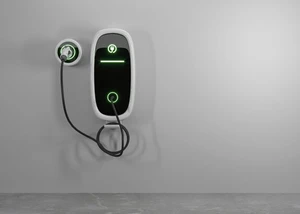 Wallboxen im Pinzgau Moderne Elektroauto-Ladestation an grauer Wand montiert mit weißem Gehäuse, grüner LED-Beleuchtung und angeschlossenem schwarzem Ladekabel. Minimalistisches Design einer Wallbox mit Statusanzeige für E-Fahrzeuge.