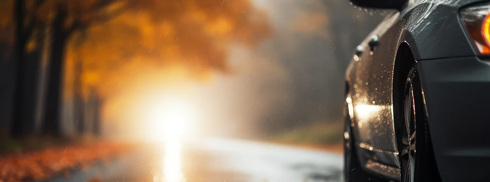 Auto leuchtende Nebelscheinwerfer in Nahaufnahme, nasse Herbststraße bei Regen und Nebel, Laubfall in Gelbtönen, die Straße im Scheinwerferlicht