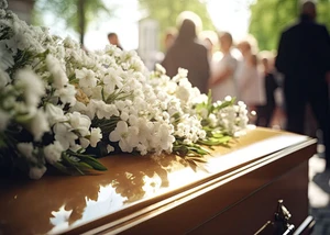 Bestattungsvorsorge in Schladming und Gröbming | weiße Blumen auf Sarg