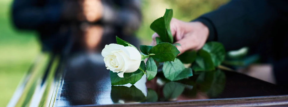 Bestattung in Leibnitz | Person legt weiße Rose auf Sarg ab