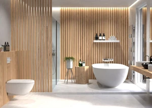 Modernes Badezimmer mit freistehender Badewanne, Holzwänden und stilvoller Einrichtung.