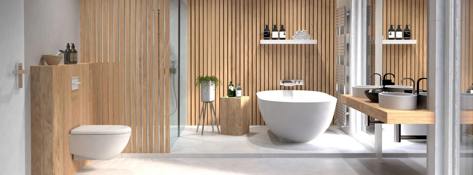 Modernes Badezimmer mit freistehender Badewanne, Holzwänden und stilvoller Einrichtung.