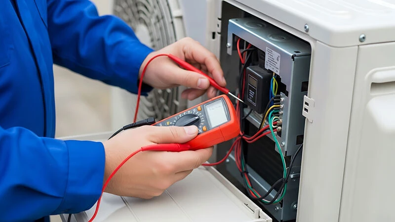 Techniker bei der Haushaltsgeräte-Reparatur – Fachgerechte Diagnose und Reparatur von Elektro- und Haushaltsgeräten mit professionellem Messgerät.