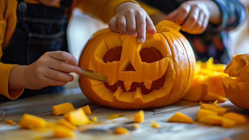 Kinder schnitzen einen Kürbis für Halloween Kinder schnitzen einen Kürbis für Halloween