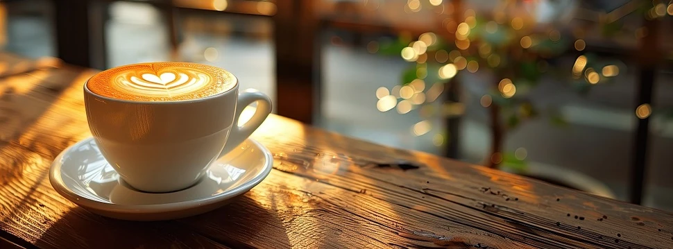 Eine schöne Tasse Kaffee steht auf einem rustikalen Holztisch